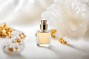 Fotobehang perfume spray flacon in  bright and shiny  blurry background , luxury and delicate cosmetics branding © eric