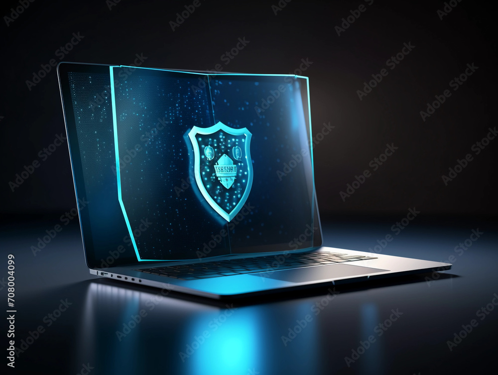 Poster cyber security, data protection, cyberattacks concept on blue background. database security software