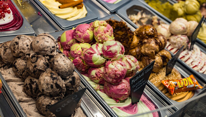 Different sorts of ice creams sold in a coffee shop