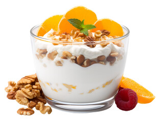 Yogurt with Granola, Walnuts, and Tangerine, isolated on a transparent or white background