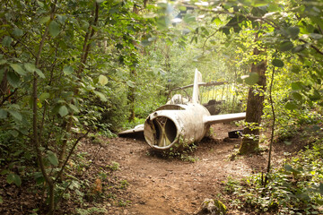 a destroyed and broken plane lies in the forest. plane with broken wings and broken windows after a...