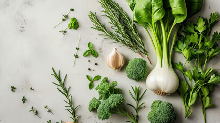Assorted fresh herbs and vegetables on a white marble surface, highlighting the raw ingredients of healthy cuisine. - obrazy, fototapety, plakaty