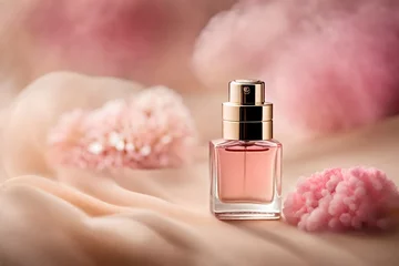 Fotobehang soft and delicate pink perfume spray concept with smooth blurry floral background , feminine fragrance  © eric
