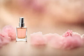 Fotobehang soft and delicate pink perfume with smooth blurry floral background , feminine cosmetics  © eric