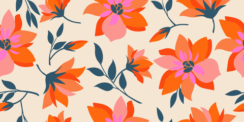 Exotic hand drawn flowers, seamless patterns with floral for fabric, textiles, clothing, wrapping paper, cover, banner, home decor, abstract backgrounds. vector illustration.