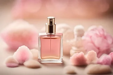 Fotobehang soft and delicate pink perfume  flacon presentation with smooth blurry floral background , feminine fragrance  © eric