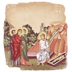 Myrrhbearing Women at the Tomb of Christ. Christian illustration in Byzantine style isolated