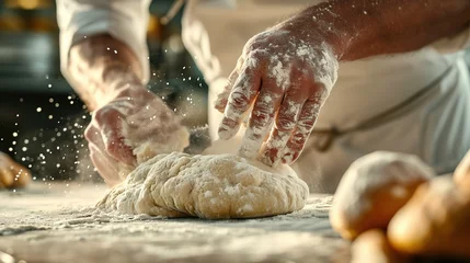 Zelfklevend Fotobehang A person is preparing dough by kneading it on a wooden surface with flour scattered around. © Oleksii