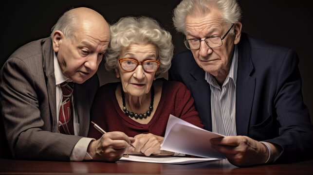 Elderly couple signing papers with social worker 