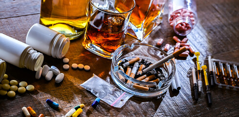 Fototapeta na wymiar Addictive substances, including alcohol, cigarettes and drugs