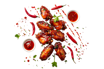 Spicy chicken wings with red sauce isolated on transparent background