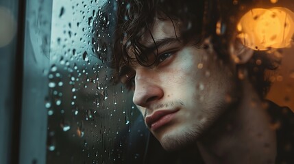 A young man is staring out of a window with raindrops on it, looking contemplative or somber. - obrazy, fototapety, plakaty