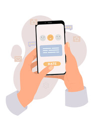 smartphone in hand. customer feedback. rating on mobile phone screen. Customer rate concept with emoji and comment. People giving feedback. Clients leaving different reviews.