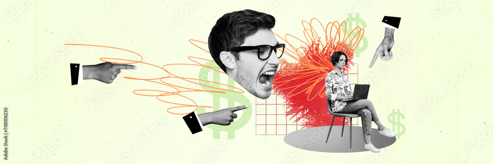 Aufkleber creative abstract template graphics collage image of furious leader shouting employer working faster