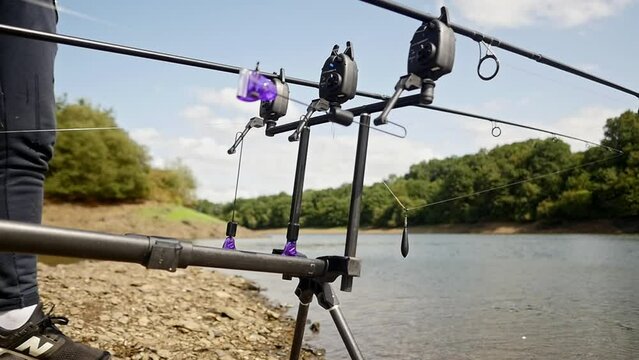 Professional Angling Setup with Rod Pod, Bite Indicators, and Reels

