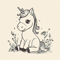 cute baby unicorn - line art drawing