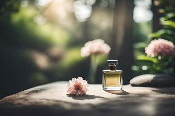 Fototapeta na wymiar perfume spray flacon in minimalist japanese garden background, relaxing and elegant