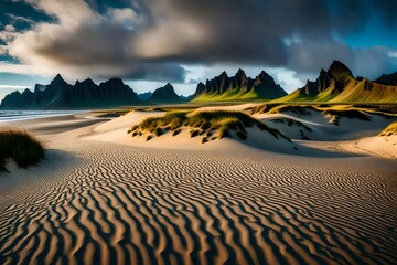 Sand dunes on the Stokksnes on southeastern Icelandic coast with Vestrahorn (Batman Mountain). Iceland, Europe.   - obrazy, fototapety, plakaty