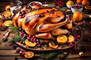 Christmas roasted turkey with cranberries and oranges on rustic wooden table 