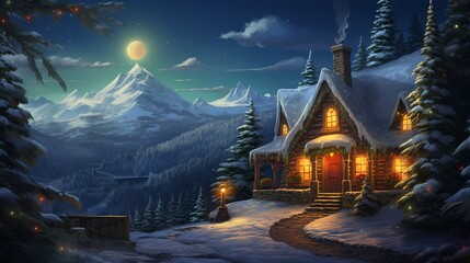 a cozy cottage nestled in the mountains, with smoke billowing from its chimney, a starlit sky above, and a Christmas tree visible through the window,