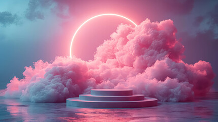 Surreal Presentation Products Podium With Circle Neon And Clouds. Neon Halo Over a Misty Podium - obrazy, fototapety, plakaty