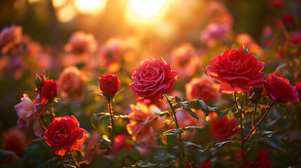 A lush rose garden at sunset showcasing an array of red pink and yellow roses with the sun casting warm hues. - obrazy, fototapety, plakaty