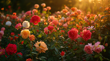 A lush rose garden at sunset showcasing an array of red pink and yellow roses with the sun casting warm hues. - obrazy, fototapety, plakaty