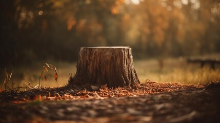 Scenic autumn forest background with stump like a minimal product podium display with copy space. Beautiful outdoor backdrop. - obrazy, fototapety, plakaty