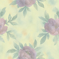 abstract seamless pattern, delicate peony flowers with green leaves on a light green background