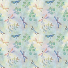 Colorful dragonflies and leaves seamless pattern, original watercolor illustration, hand drawn ornament, summer nature souvenirs for textile, scrapbooking, gift paper