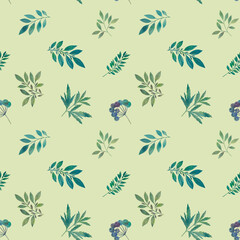 Fototapeta premium Bright green leaves drawn in watercolor on a light green background, seamless botanical pattern
