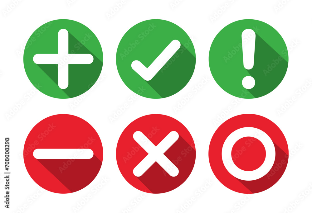Aufkleber right, wrong, minus, plus, exclamation and circle mark set in shadow style. right wrong symbol icon 