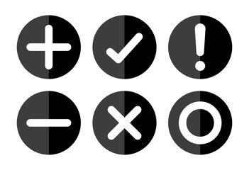 Right, wrong, minus, plus, exclamation and circle mark set in black and white minimal style. Right wrong symbol icon in two shades style. Right, Wrong, Exclamation mark. Vector Icon.