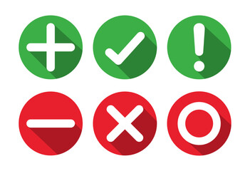 Right, wrong, minus, plus, exclamation and circle mark set in shadow style. Right wrong symbol icon shadow style. Right, Wrong, Exclamation mark color. Vector Icon. - obrazy, fototapety, plakaty