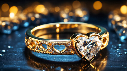 Beautiful gold ring with a diamond in the shape of a heart celebrate