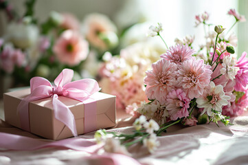綺麗な花に囲まれた母の日のプレゼント - obrazy, fototapety, plakaty