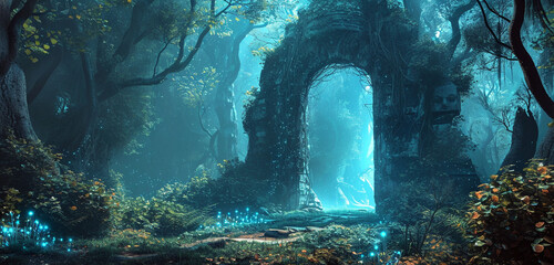 A mystical portal in an enchanted forest, with bioluminescent plants surrounding it