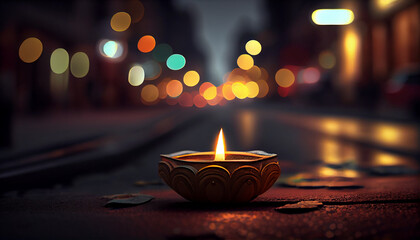Diwali diya on streets, background, Ai generated image