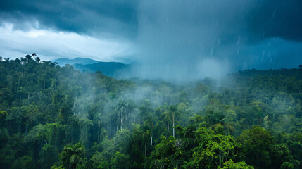 A heavy rainstorm over a tropical forest with rain visibly pouring down and dark clouds looming overhead.