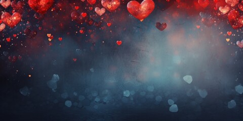 Valentines Day abstract blurred background background with red hearts with copy space. Festive pattern. Banner.