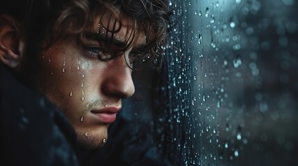 A pensive young man is looking through a raindrop-covered window, showing a sense of melancholy or deep contemplation. - obrazy, fototapety, plakaty