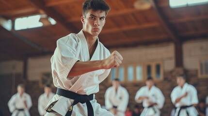 A focused martial artist with a black belt is doing a kata in a dojo with other practitioners in the background. - obrazy, fototapety, plakaty