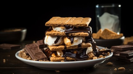 A delightful arrangement of S'mores, each one featuring a perfectly toasted marshmallow and a layer of melty chocolate sandwiched between graham crackers, - obrazy, fototapety, plakaty