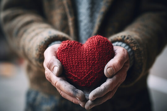 Close-up senior old hands hold knitted heart in hands in winter street. Share love with those who need help in need social economic help problems attention empathy volunteering donation concept
