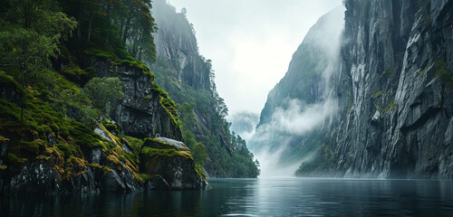 A panoramic perspective of a misty fjord with steep cliffs and calm waters - obrazy, fototapety, plakaty