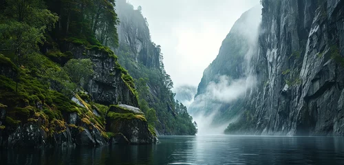 Fotobehang A panoramic perspective of a misty fjord with steep cliffs and calm waters © Erum