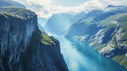 A panoramic scene of a majestic fjord with steep cliffs and deep blue waters
