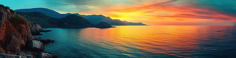 Panaromic view of colorful sunset horizon on rocky mountainous seaside 