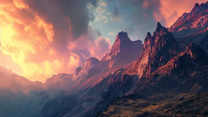 Foto op Canvas A panoramic scene of a rugged mountain range with a colorful twilight sky © Erum