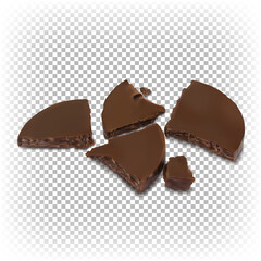 Vector flat round chocolate pieces on surface isolated on transparent background. 3D realistic illustration.